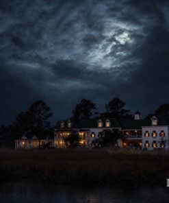 The Roanoke Island Inn under a stormy night sky beyond the marsh