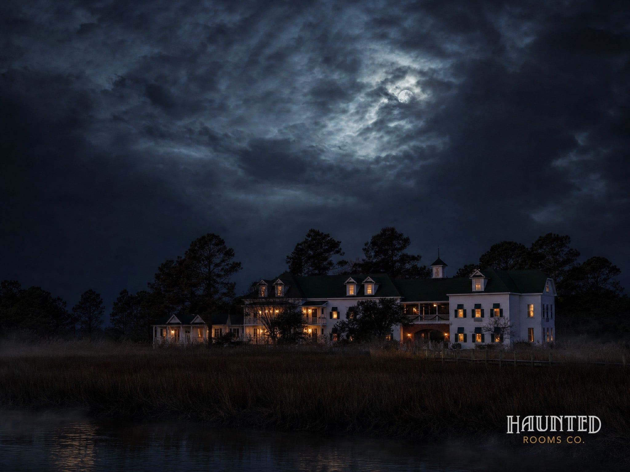 The Roanoke Island Inn under a stormy night sky beyond the marsh