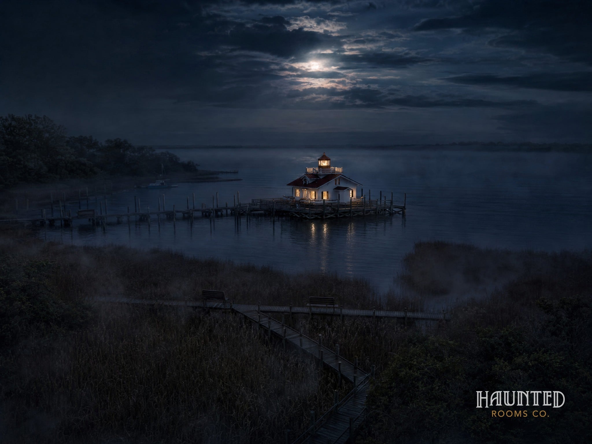 Aerial view of the Roanoke Marshes Lighthouse on the dark water at night, Manteo